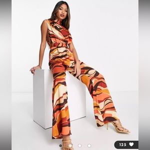 ASOS Lola May satin open back wide leg jumpsuit in abstract print